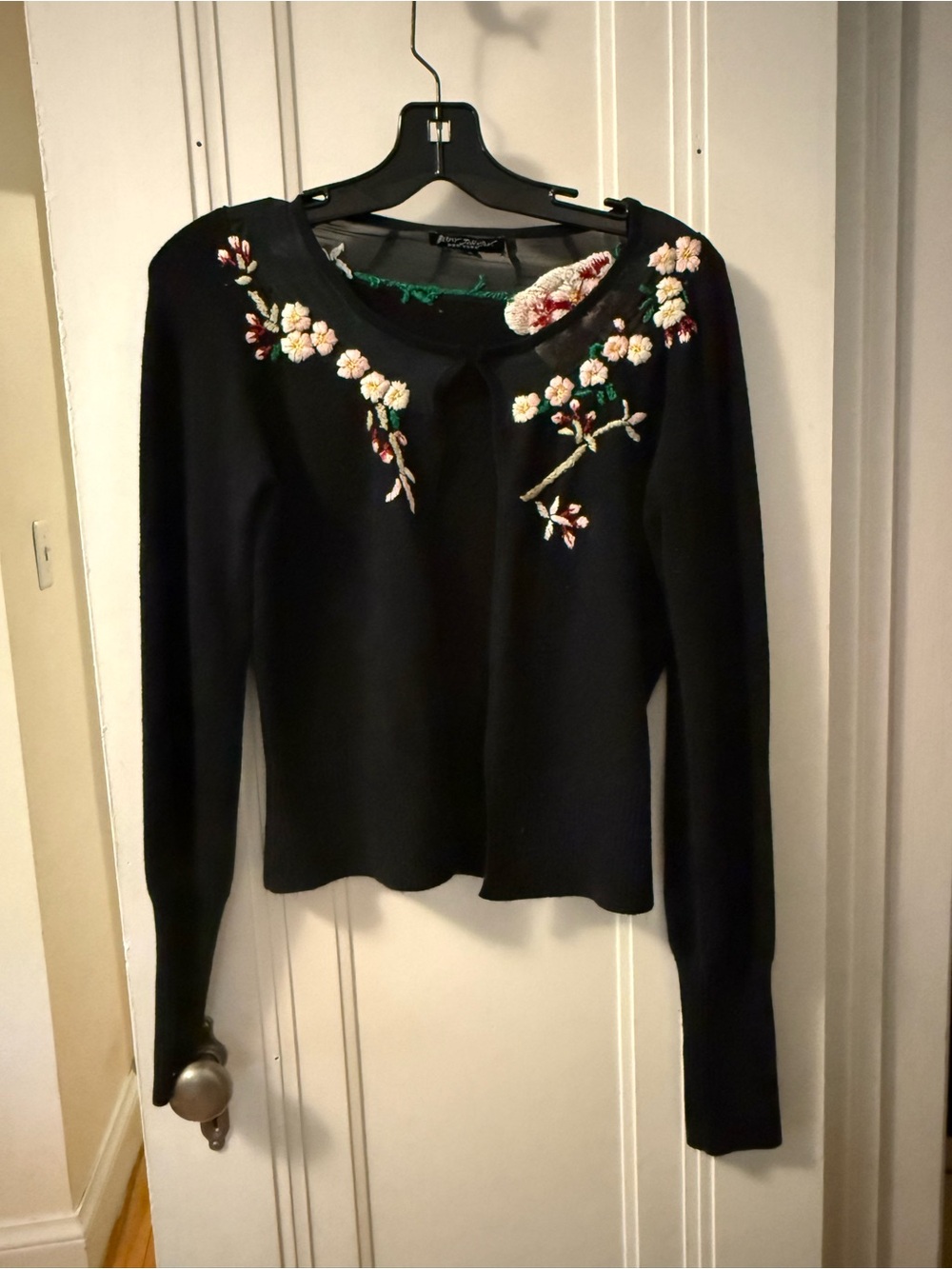 Y2K Betsey Johnson Black Sweater with Floral Hand Embroidery
